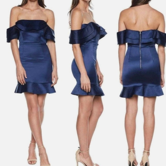 Bardot Revolve Athena Frill Navy Blue Satin Mini Dress SzXS - Picture 2 of 10